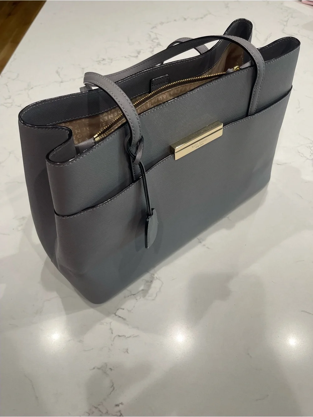 kate spade Gray Structured Saffiano Tote with Gold Plaque